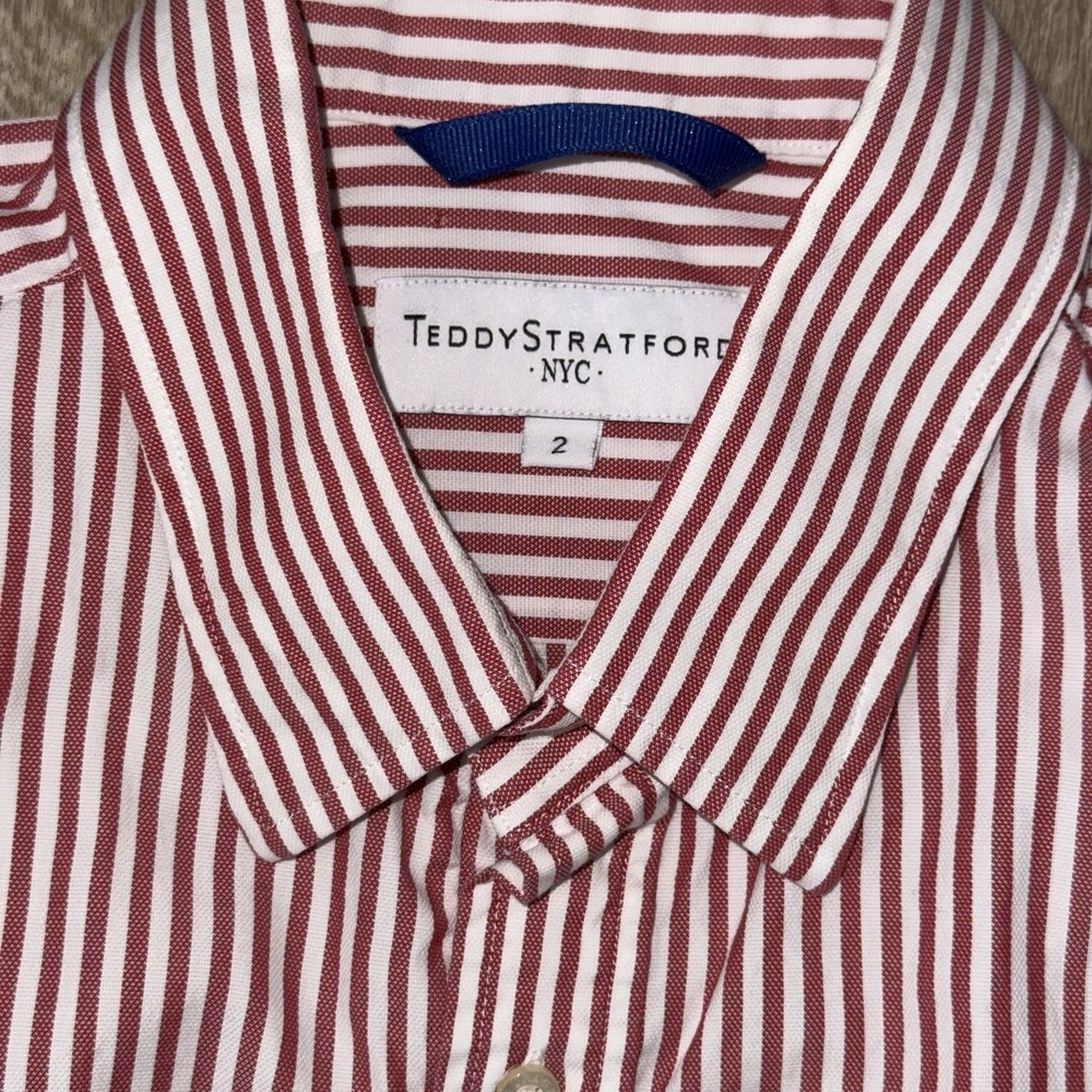 Teddy Stratford Zip Fit Short Sleeve Button Up Shirt Men's 2 S Red White Striped